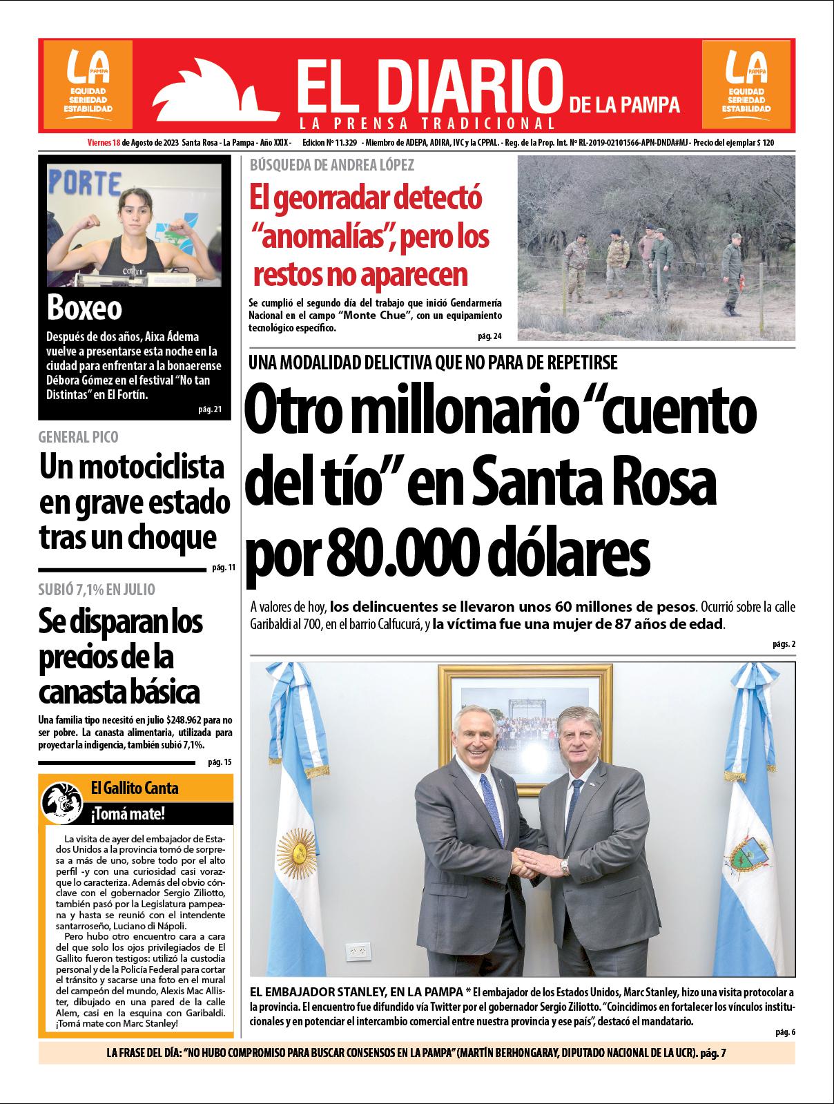 Tapa de El Diario en papel  viernes 18 de agosto de 2023